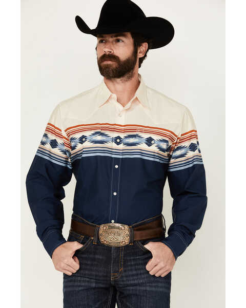 Image #1 - Roper Men's Vintage Southwestern Border Print Long Sleeve Pearl Snap Western Shirt, Dark Blue, hi-res