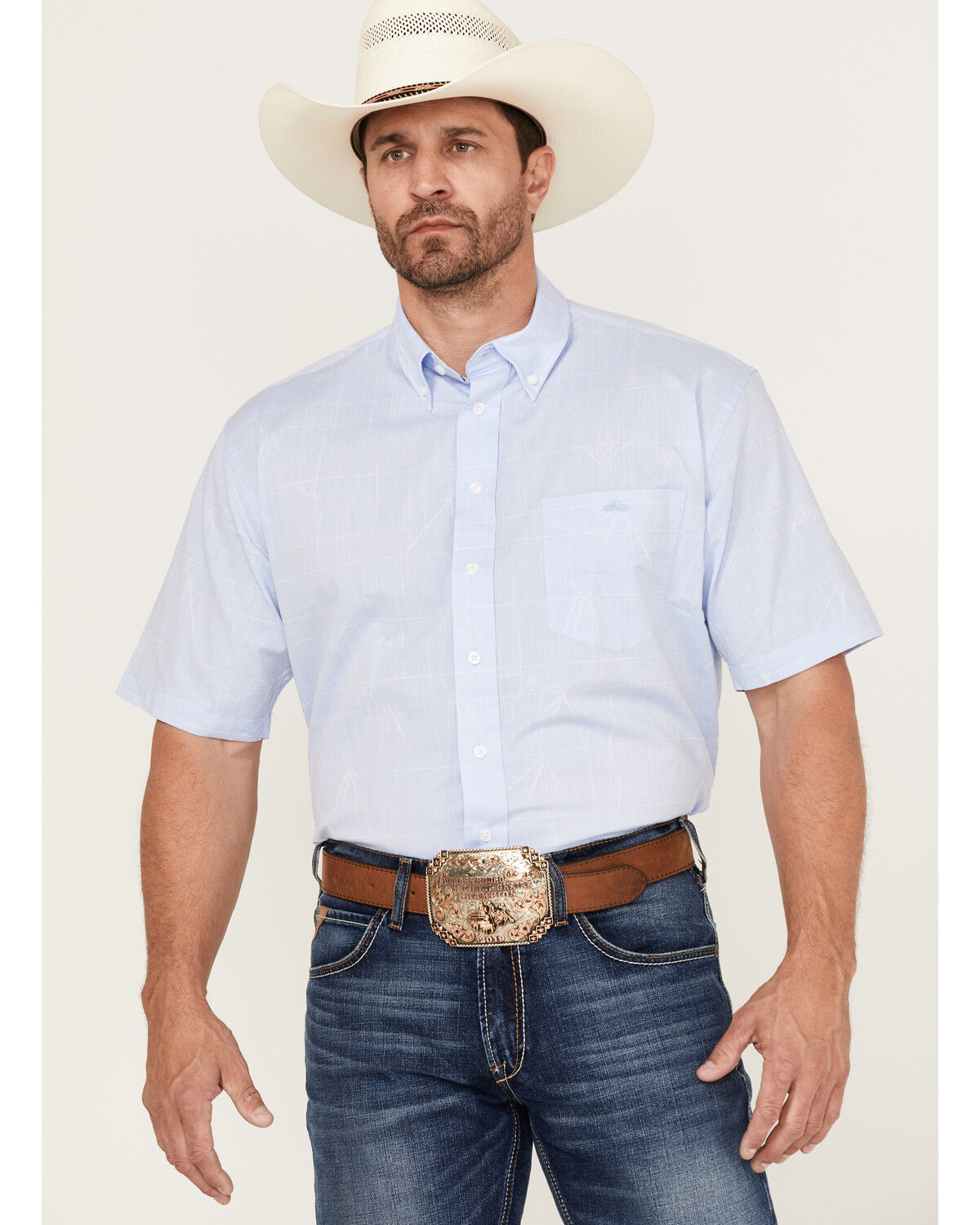 Image #1 - Resistol Men's Bell Solid Short Sleeve Button Down Western Shirt, Light Blue, hi-res