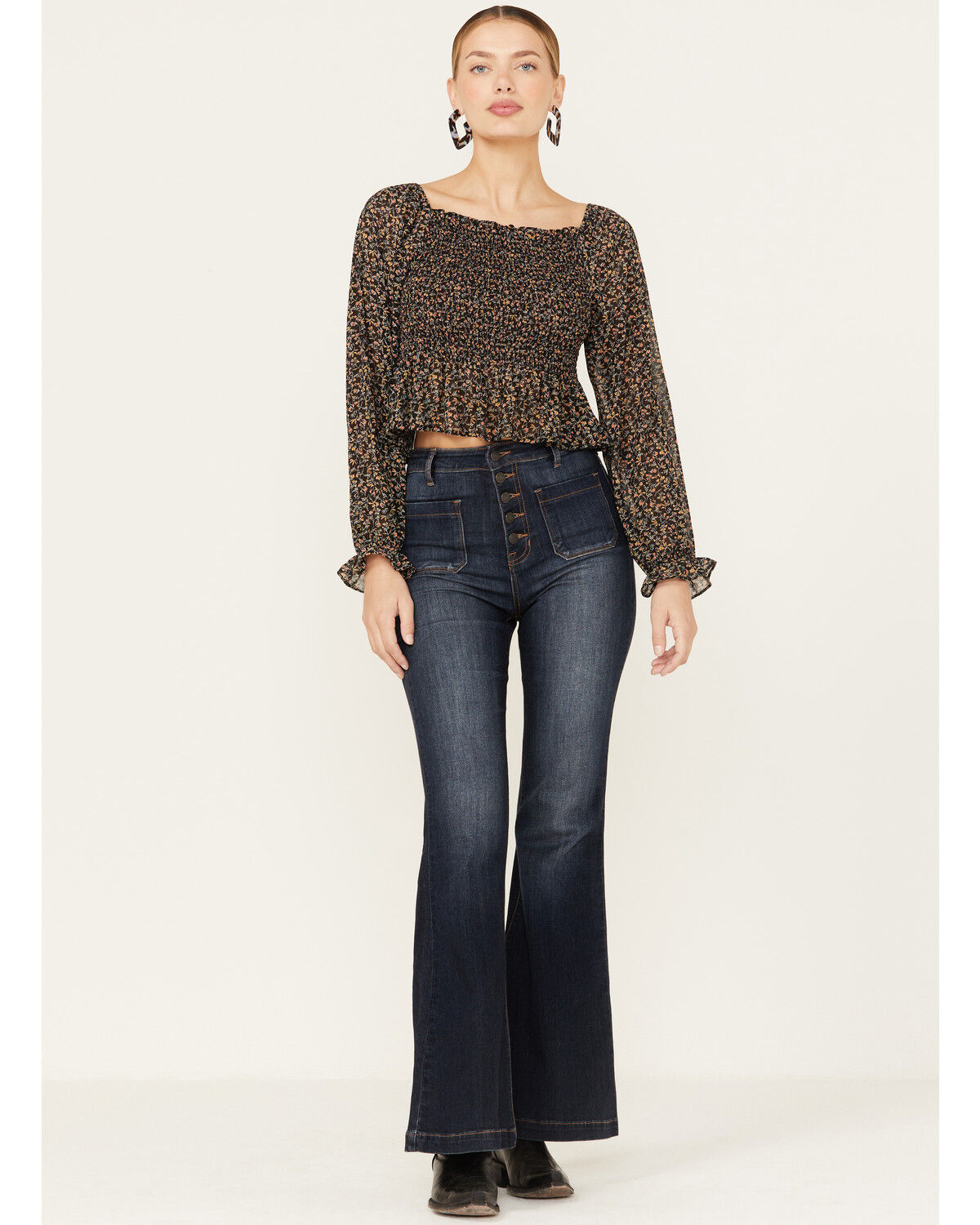 Image #4 - Beyond The Radar Women's Floral Smocked Off Shoulder Woven Long Sleeve Top, Black, hi-res
