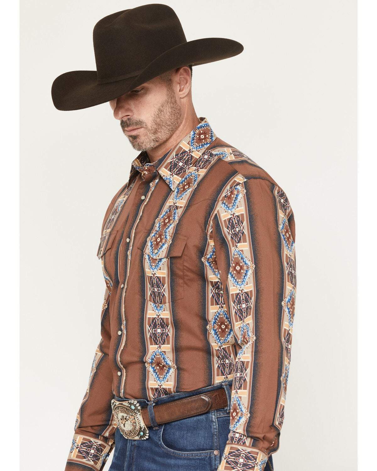 Image #2 - Wrangler Men's Checotah Southwestern Print Long Sleeve Snap Western Shirt, Brown, hi-res