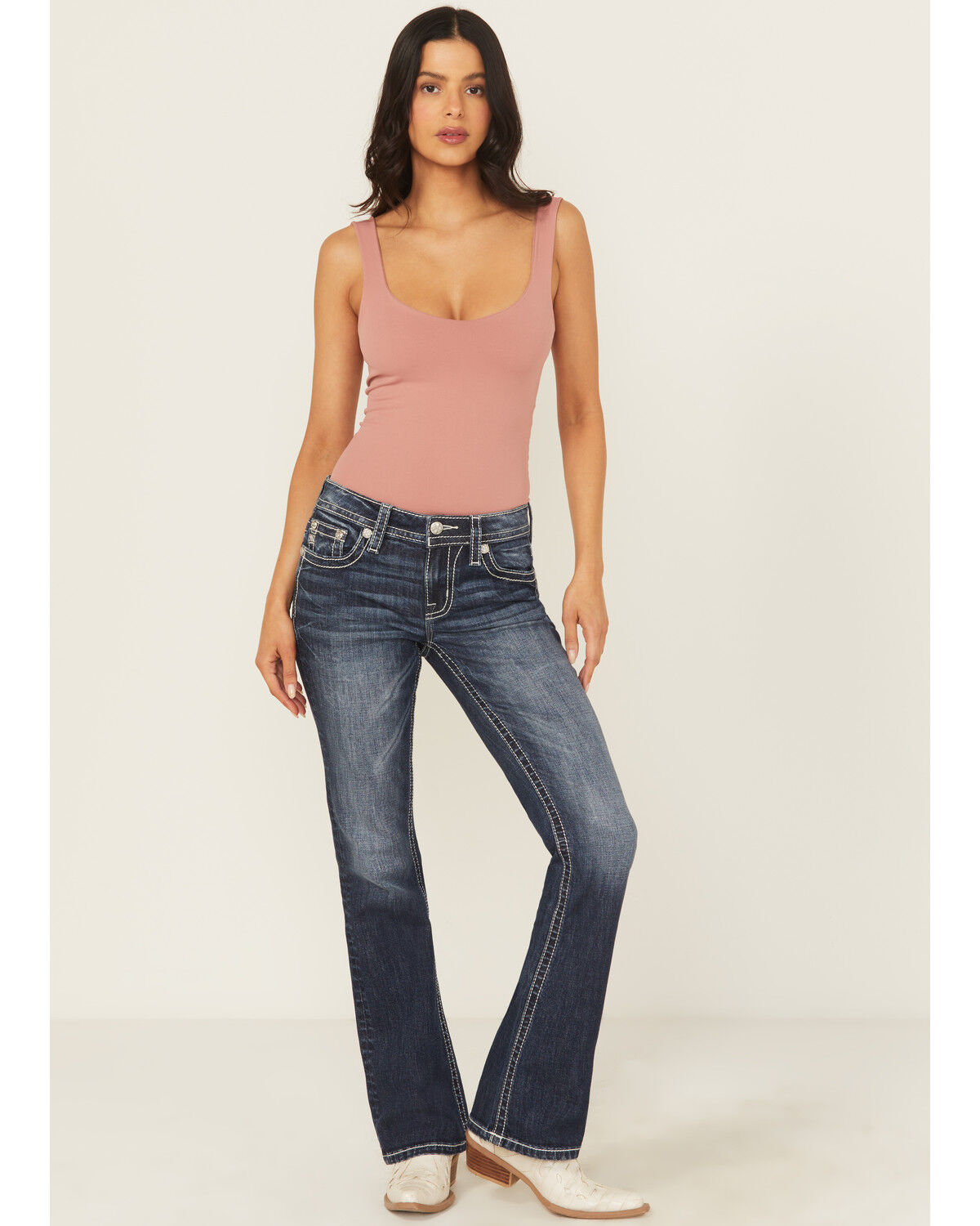 Image #3 - Miss Me Women's Dark Wash Mid Rise Bootcut Stretch Denim Jeans, Dark Wash, hi-res