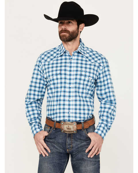 Image #1 - Roper Men's Amarillo Plaid Print Long Sleeve Stretch Western Pearl Snap Shirt, Blue, hi-res