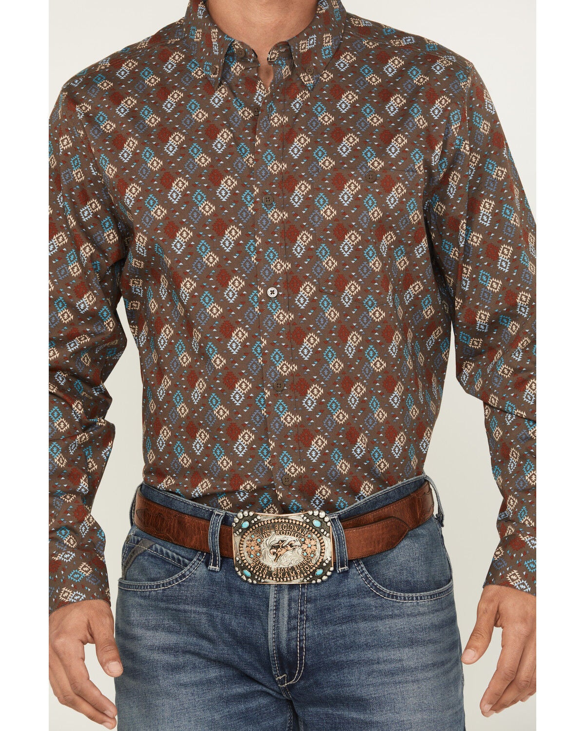 Image #3 - RANK 45&reg; Men's Hudson Geo Southwestern Print Long Sleeve Button-Down Stretch Western Shirt, Brown, hi-res