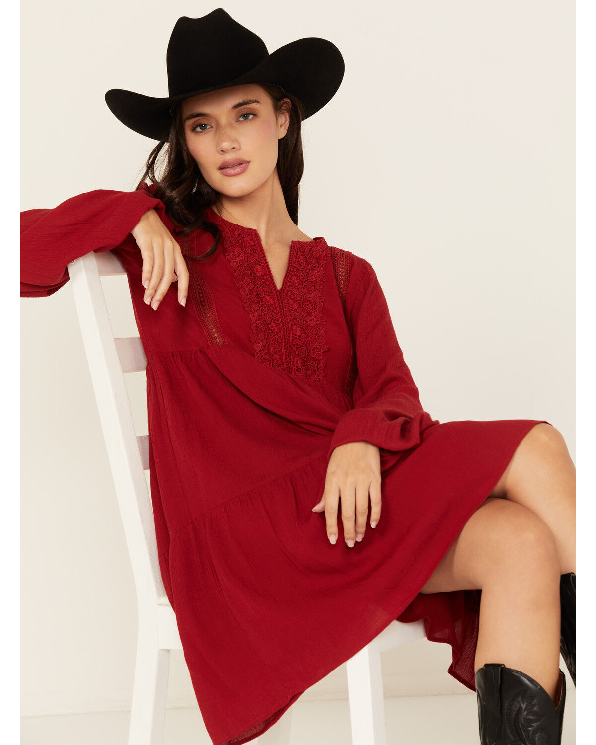 Image #2 - Wild Moss Women's Crochet Trim Mini Dress, Red, hi-res