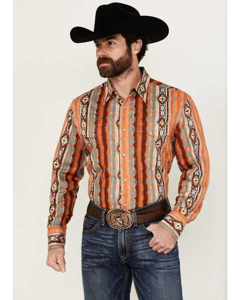 Wrangler Men's Checotah Long Sleeve Snap Western Shirt , Rust Copper, hi-res