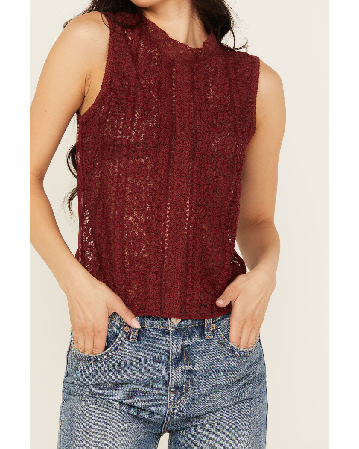Image #3 - Beyond The Radar Women's Lace Mock Neck Tank, Burgundy, hi-res