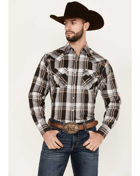 Ely Walker Men's Plaid Print Long Sleeve Snap Western Shirt , Brown, hi-res