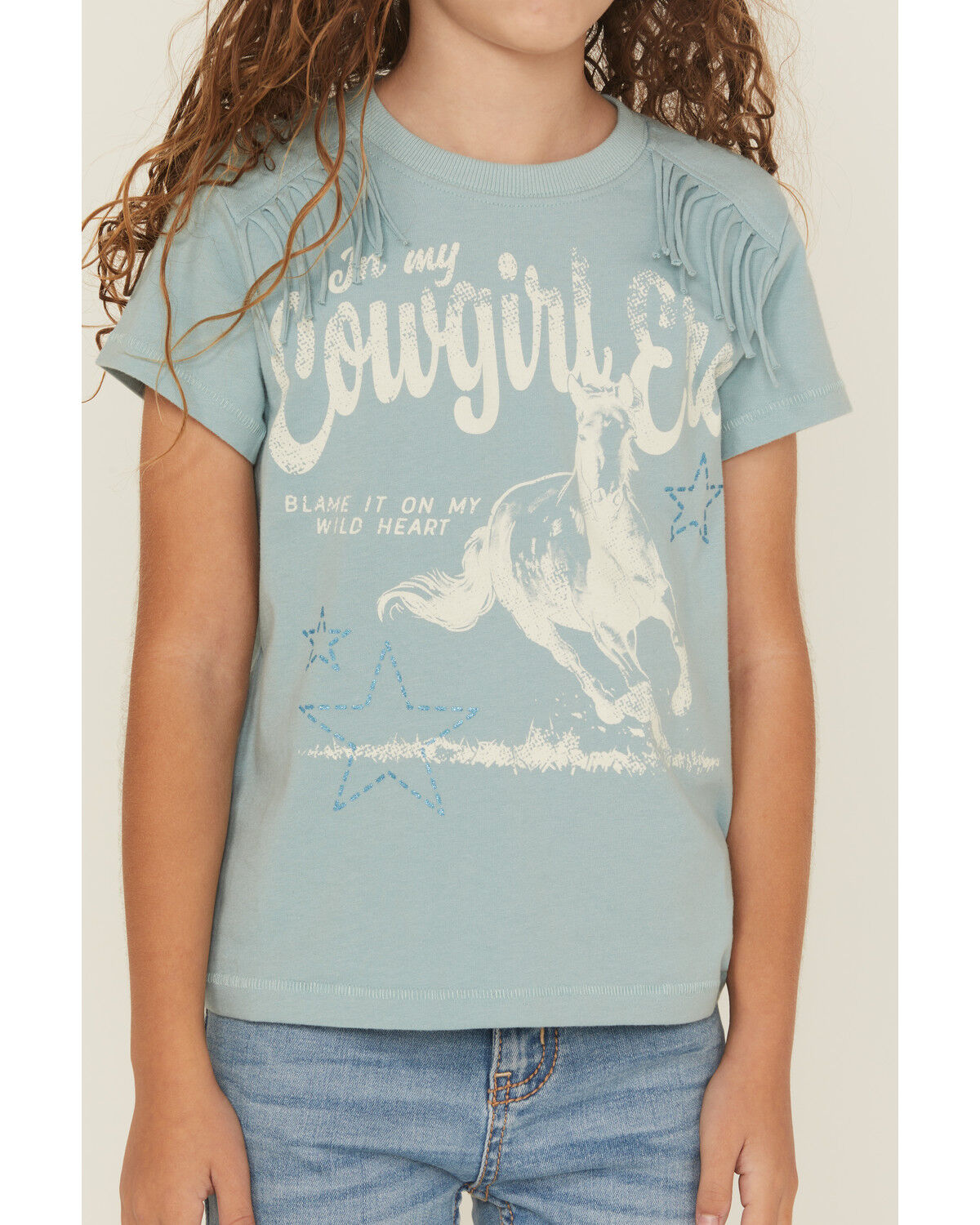 Image #3 - Shyanne Girls' Cowgirl Era Fringe Short Sleeve Graphic Tee, Aqua, hi-res