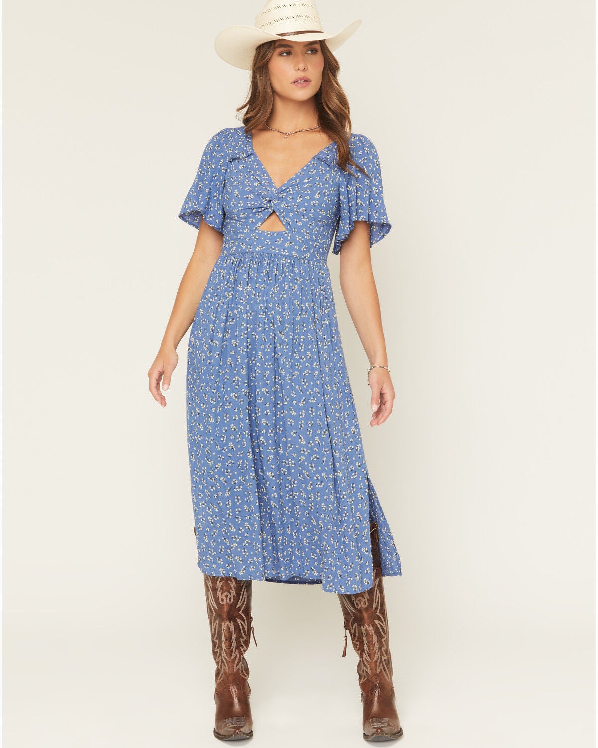 Angie Women's Floral Print Knot Short Sleeve Midi Dress, Blue, hi-res