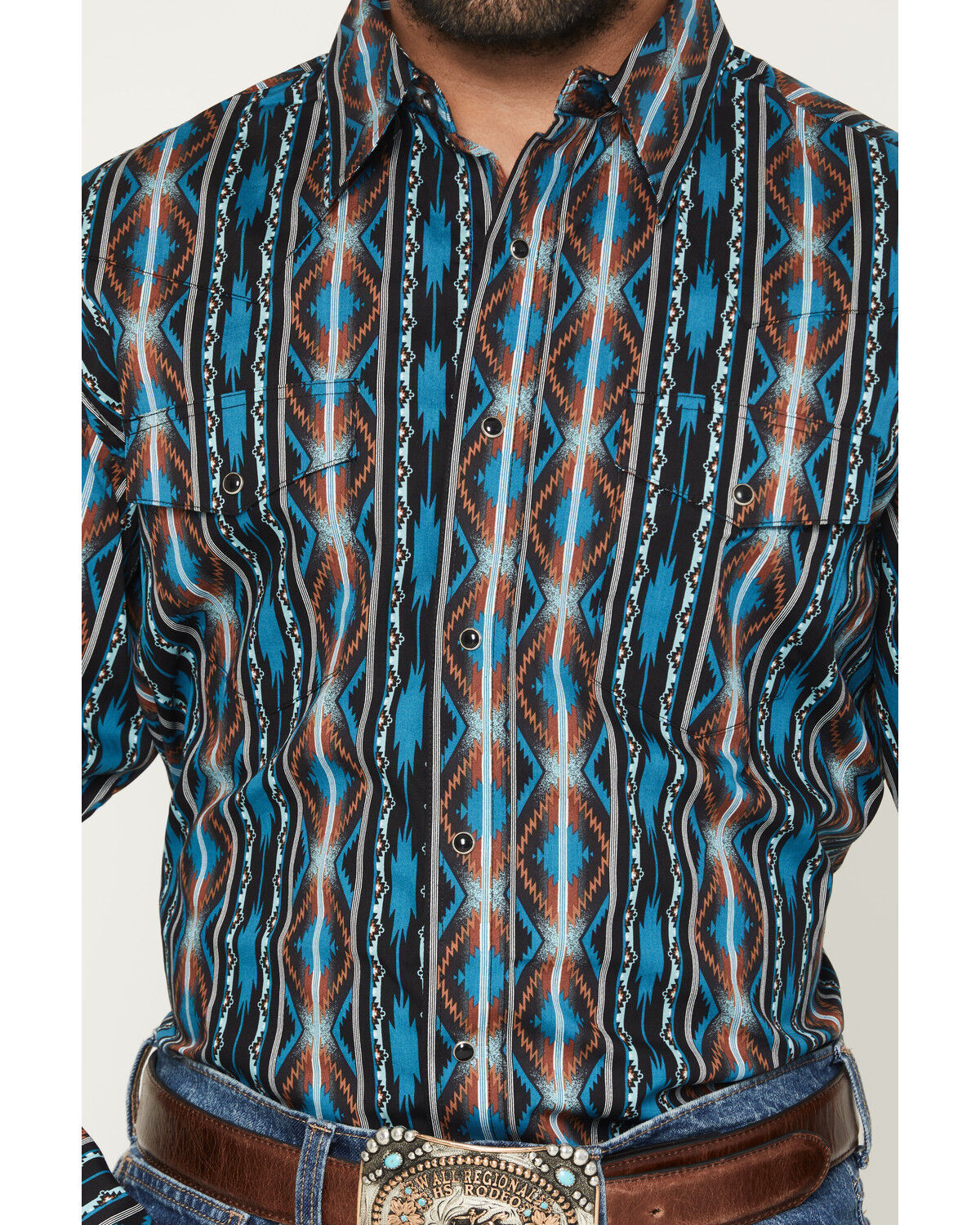 Image #3 - Wrangler Men's Checotah Southwestern Print Long Sleeve Snap Western Shirt, Turquoise, hi-res