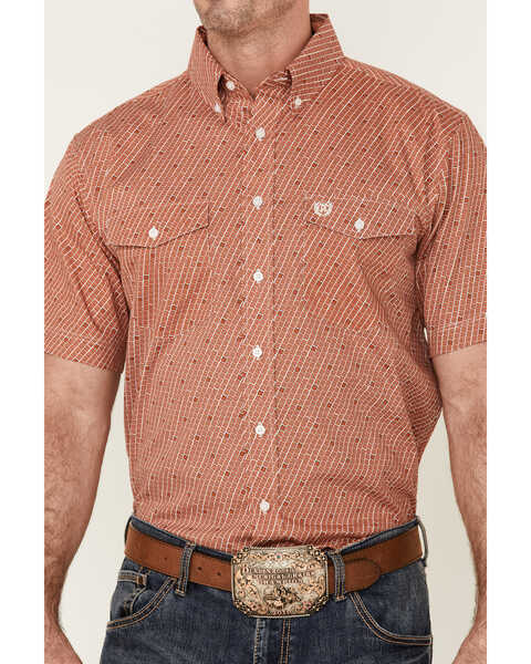 Image #3 - Panhandle Select Men's Poplin Geo Print Short Sleeve Button Down Western Shirt , Orange, hi-res