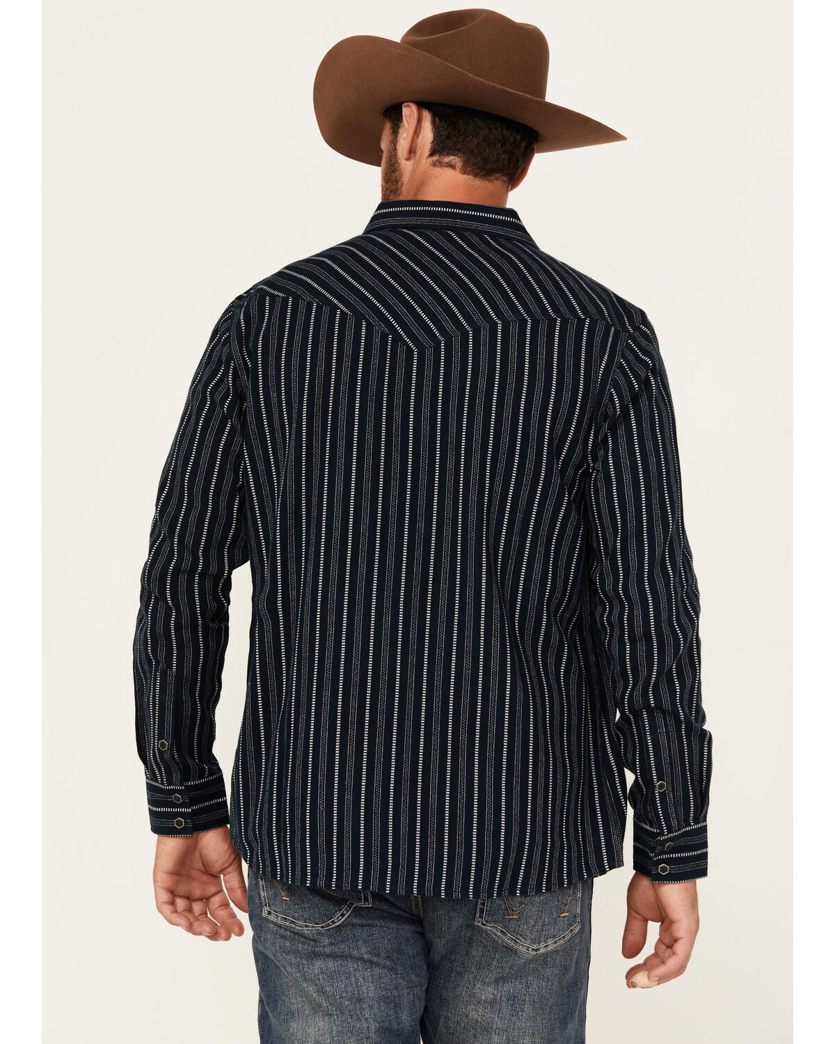 Image #4 - Moonshine Spirit Men's Record Deal Striped Long Sleeve Snap Western Shirt, Navy, hi-res