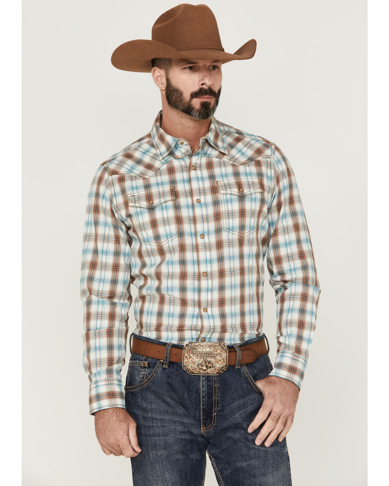 Wrangler Retro Men's Plaid Snap Western Shirt , Brown, hi-res