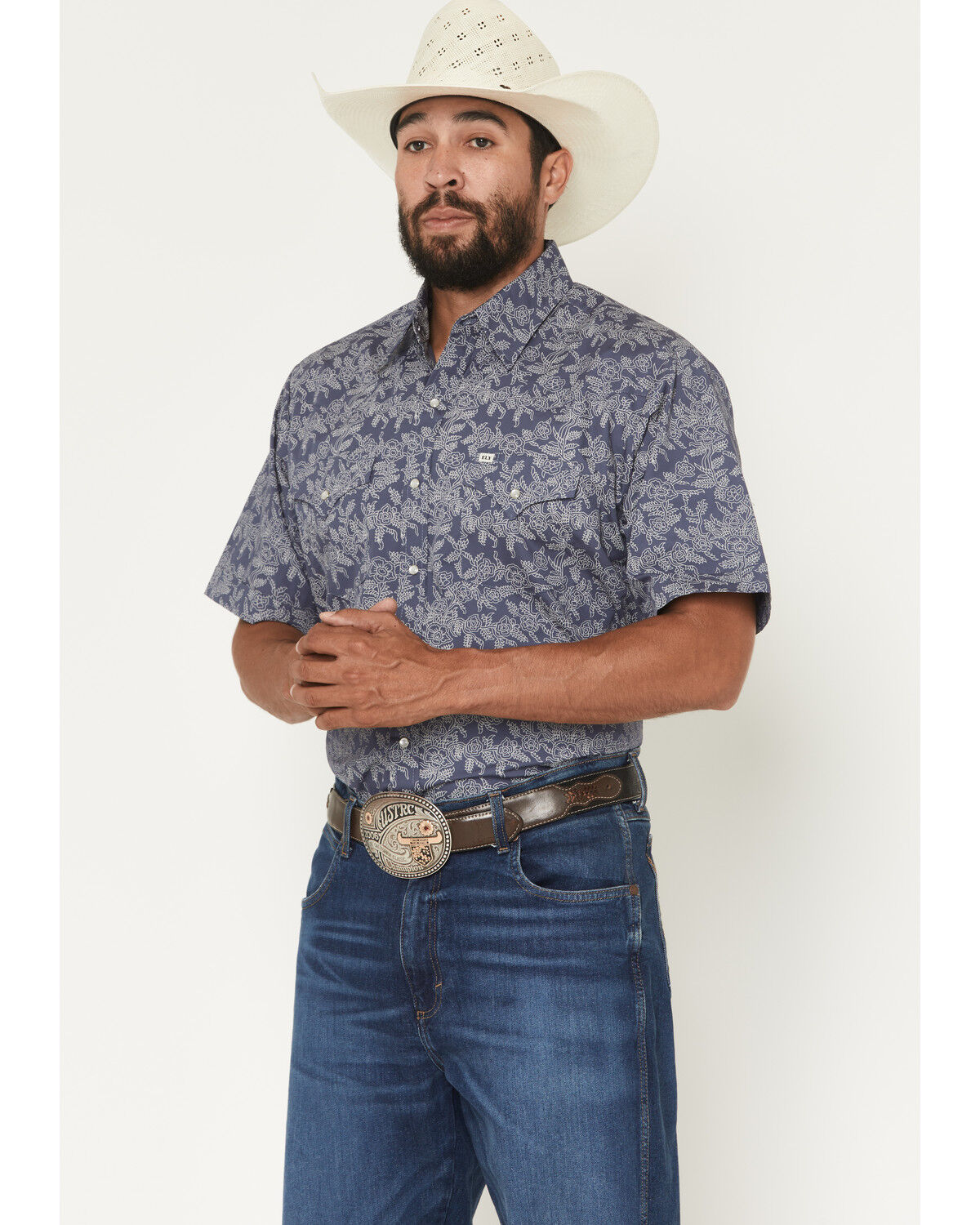 Image #1 - Ely Walker Men's Floral Print Short Sleeve Pearl Snap Western Shirt, Navy, hi-res