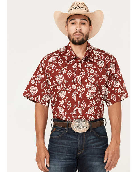 Roper Men's Floral Print Short Sleeve Pearl Snap Western Shirt, Red, hi-res