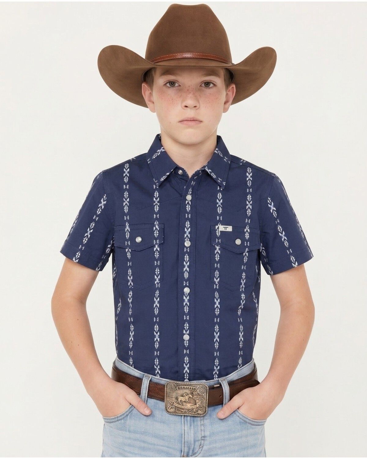 Ferrell Boys' Maverick Tek Striped Short Sleeve Pearl Snap Performance Western Shirt, Blue, hi-res