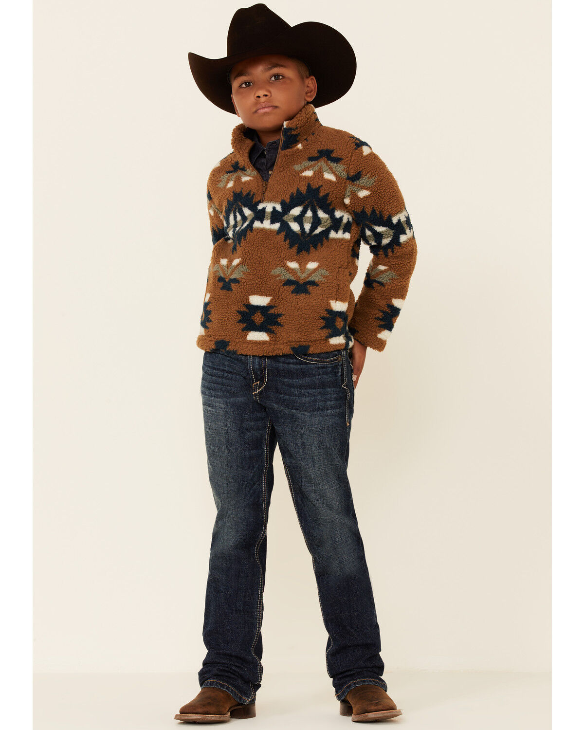 Image #2 - Wrangler Boys' Brown & Teal Southwestern Print 1/4 Zip Sherpa Pullover , , hi-res