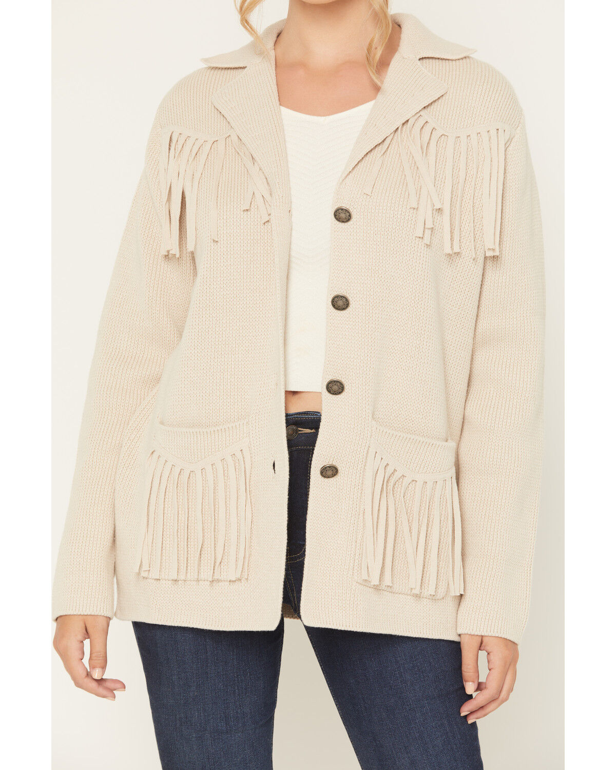 Image #3 - Shyanne Women's Solid Fringe Button-Down Sweater, Oatmeal, hi-res