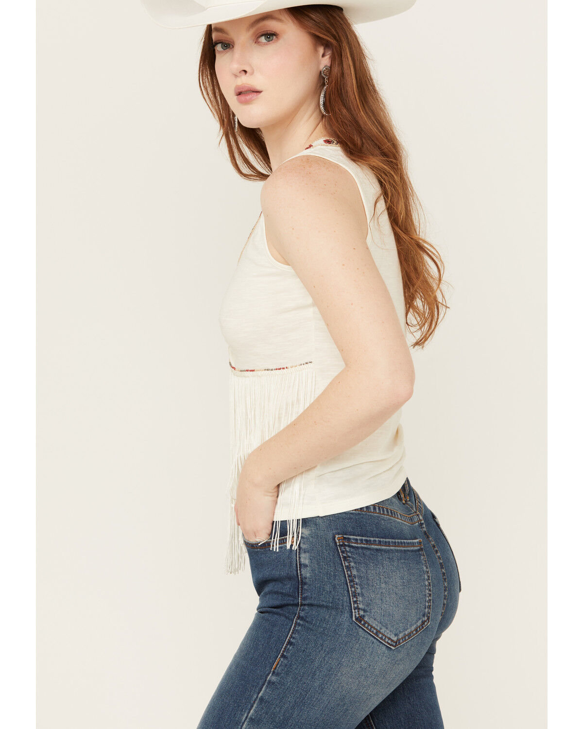 Image #2 - Shyanne Women's Beaded Fringe Tank, Cream, hi-res