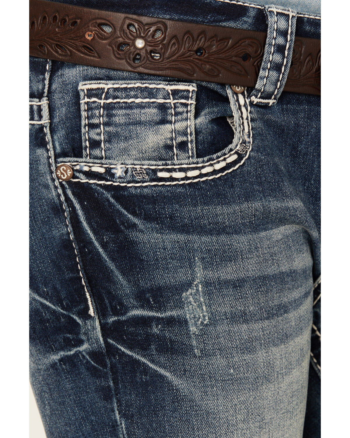 Image #4 - Shyanne Girls' Medium Wash Double Horseshoe Pocket Bootcut Stretch Denim Jeans, Medium Wash, hi-res