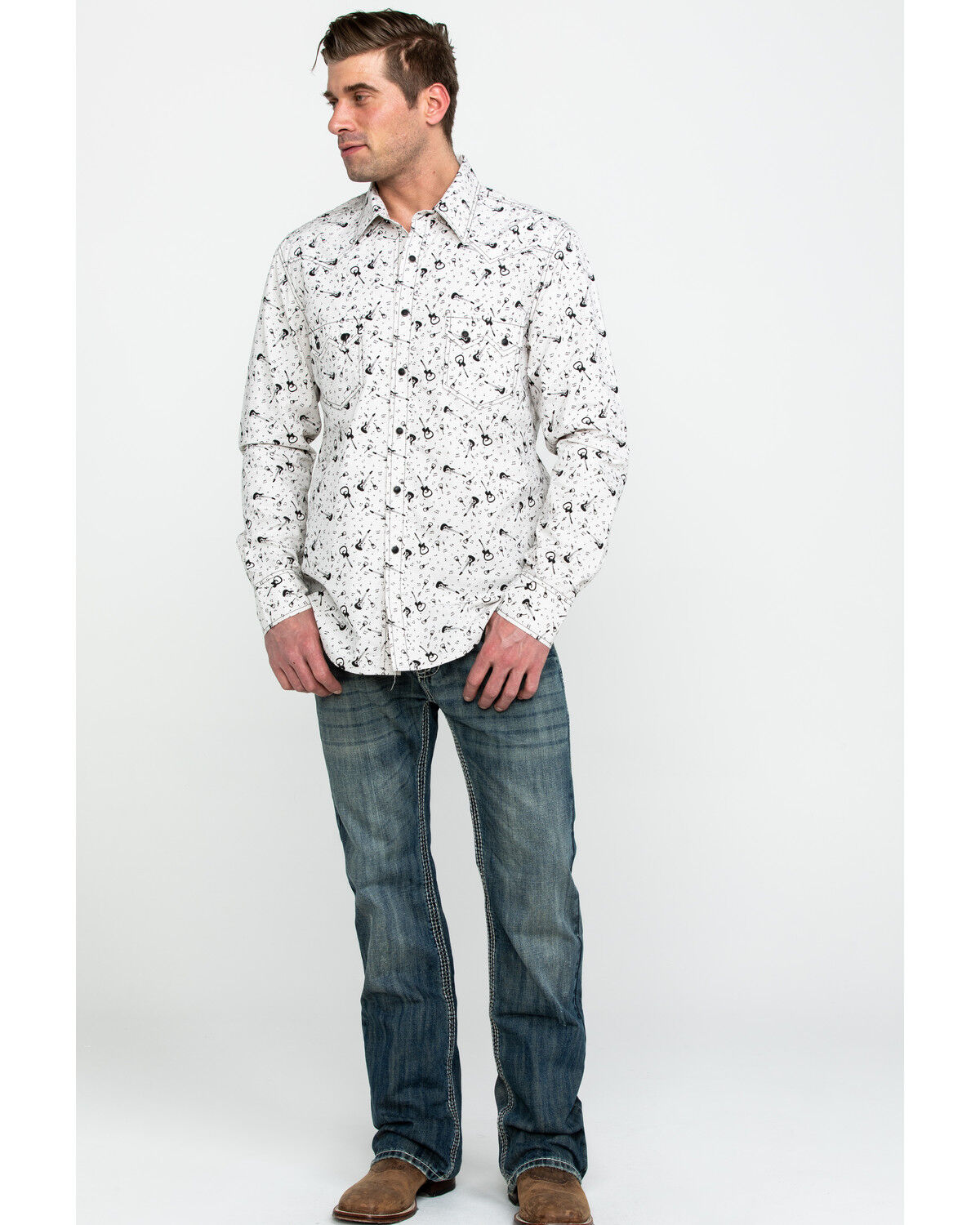 Image #6 - Rock & Roll Denim Men's Washed Guitar Print Long Sleeve Western Shirt, Black, hi-res