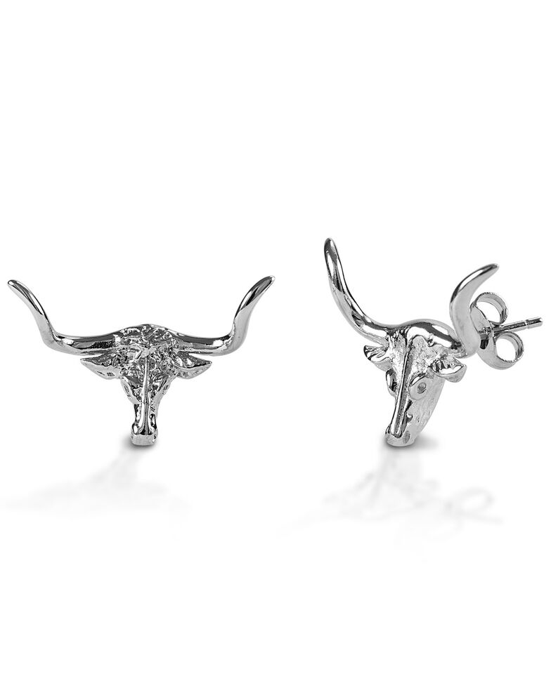  Kelly Herd Women's Post Back Longhorn Earrings , Silver, hi-res