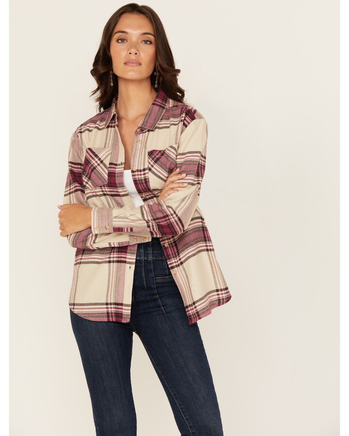 Image #1 - Shyanne Women's Plaid Print Long Sleeve Button-Down Western Shirt, Fuchsia, hi-res