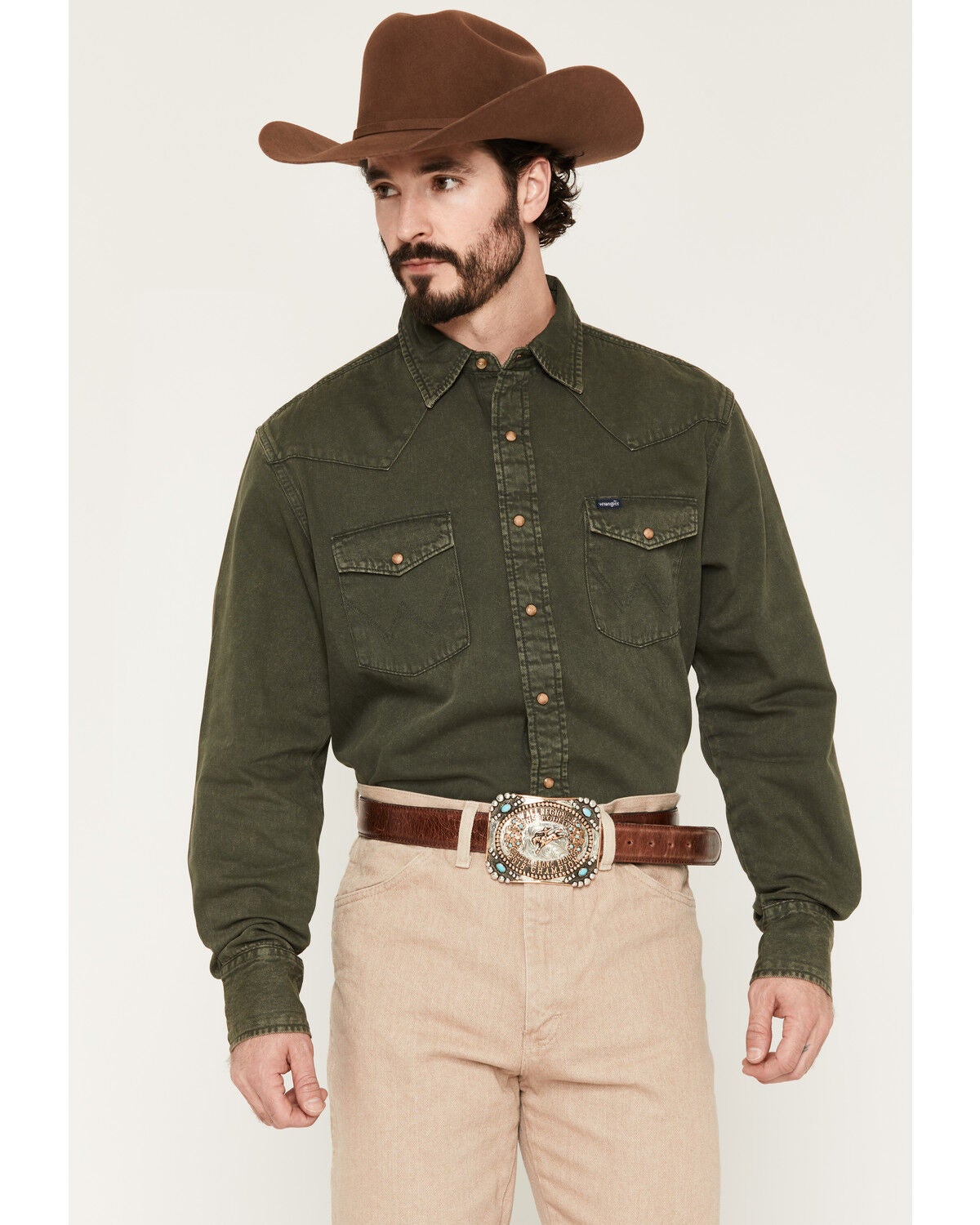 Image #1 - Wrangler Men's Solid Long Sleeve Snap Denim Western Shirt, Olive, hi-res