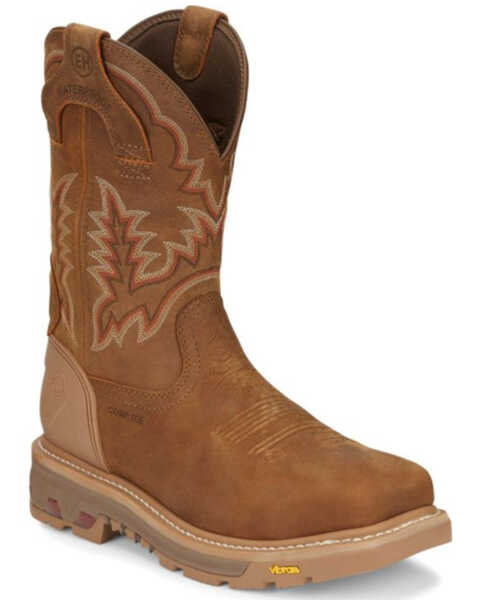 Justin Men's H20 Proof Pull-On Nano Western Work Boots - Square Toe , Brown, hi-res