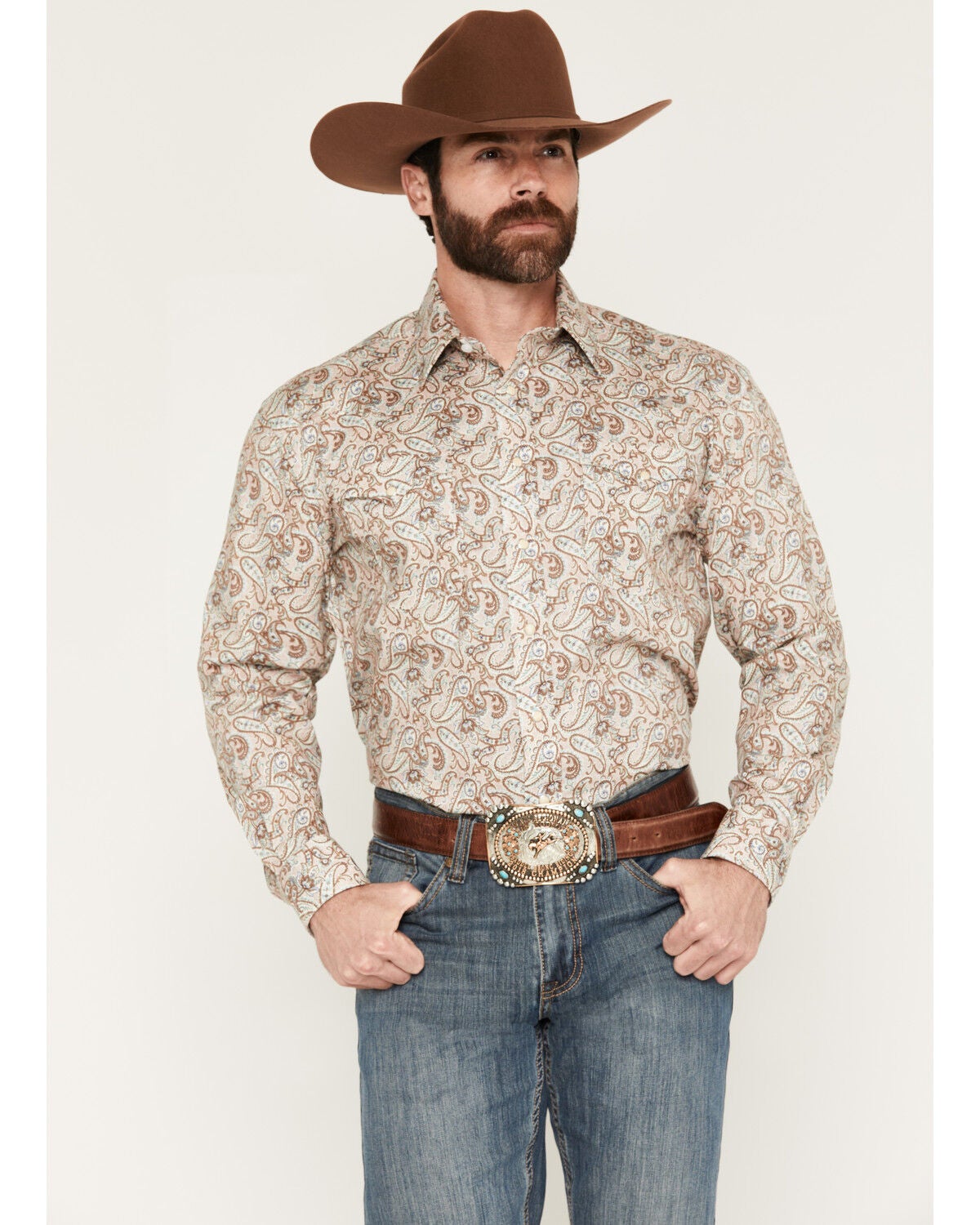 Image #1 - Panhandle Slim Men's Paisley Print Long Sleeve Snap Stretch Western Shirt, Tan, hi-res