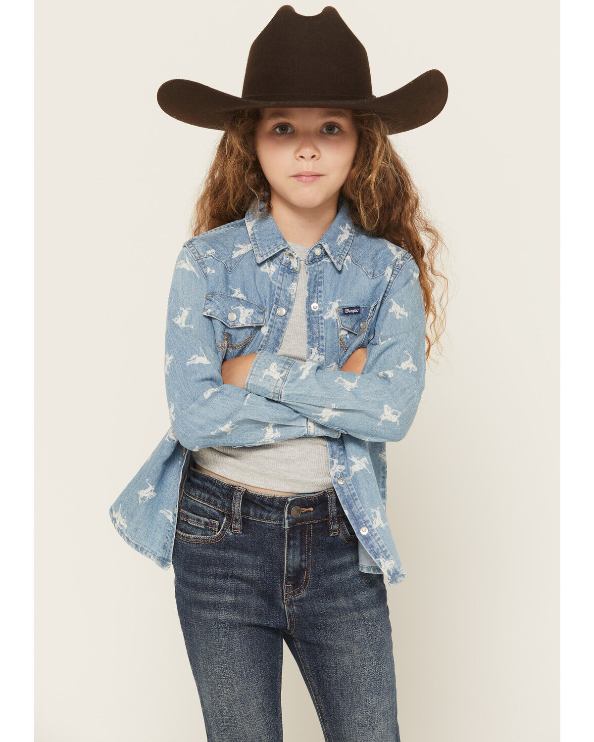 Image #1 - Wrangler Girls' Conversation Print Long Sleeve Snap Denim Western Shirt, Blue, hi-res