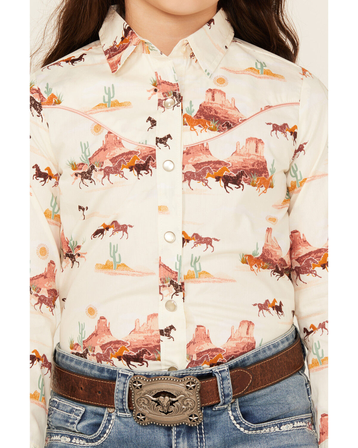 Image #3 - Wrangler Girls' Horse Desert Long Sleeve Pearl Snap Western Shirt, White, hi-res