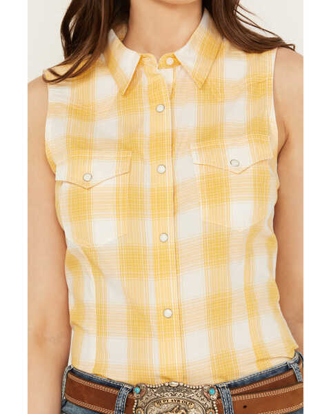 Image #2 - Wrangler Women's Gingham Sleeveless Snap Western Shirt, Yellow, hi-res