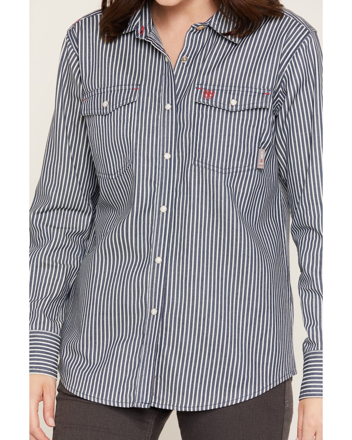 Image #3 - Ariat Women's FR Ruth Striped Long Sleeve Snap Work Shirt, Blue/white, hi-res