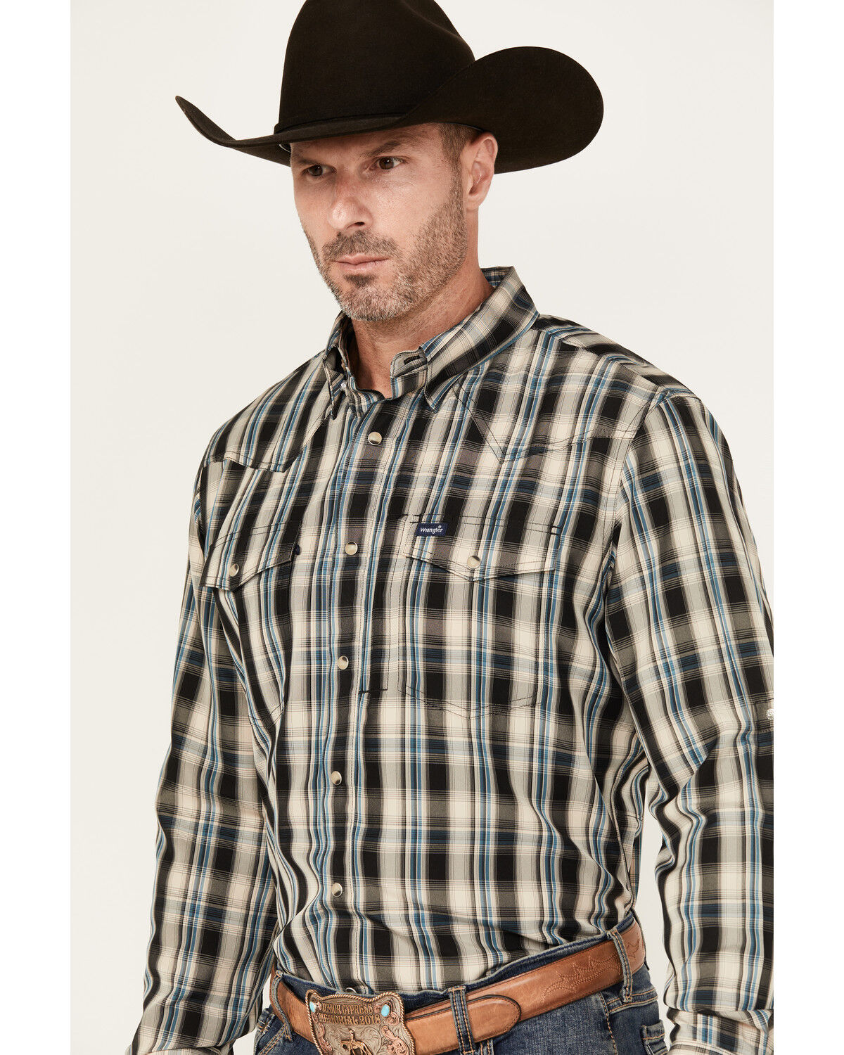 Image #2 - Wrangler Men's Plaid Print Long Sleeve Snap Performance Western Shirt, Black, hi-res