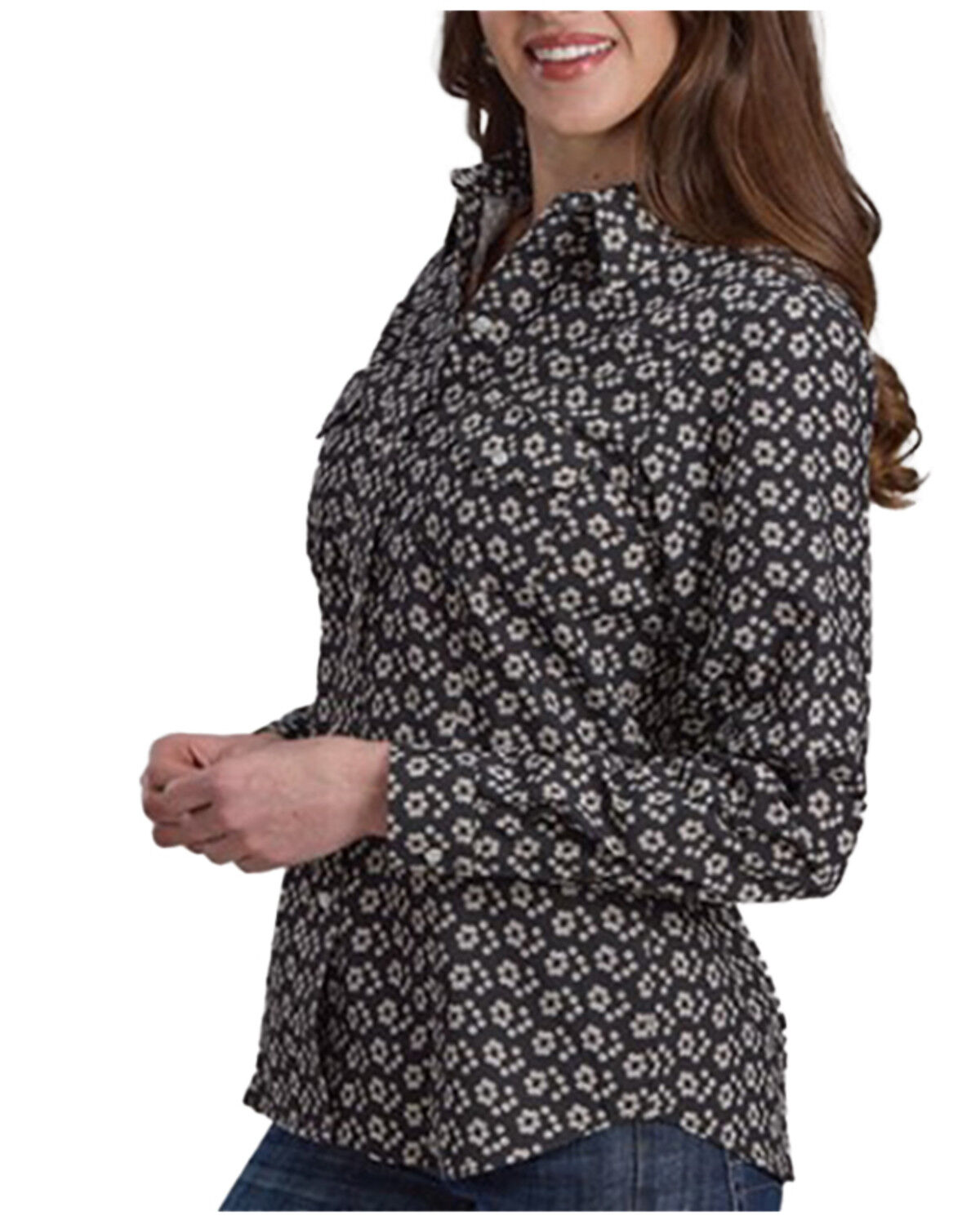 Image #1 - Roper Women's Floral Print Long Sleeve Snap Stretch Western Shirt, Black, hi-res