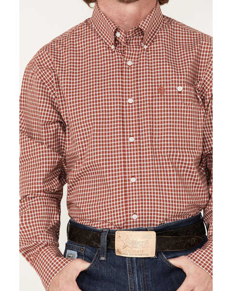 George Strait by Wrangler Men's Long Sleeve Button Down One Pocket Plaid Shirt, Red, hi-res