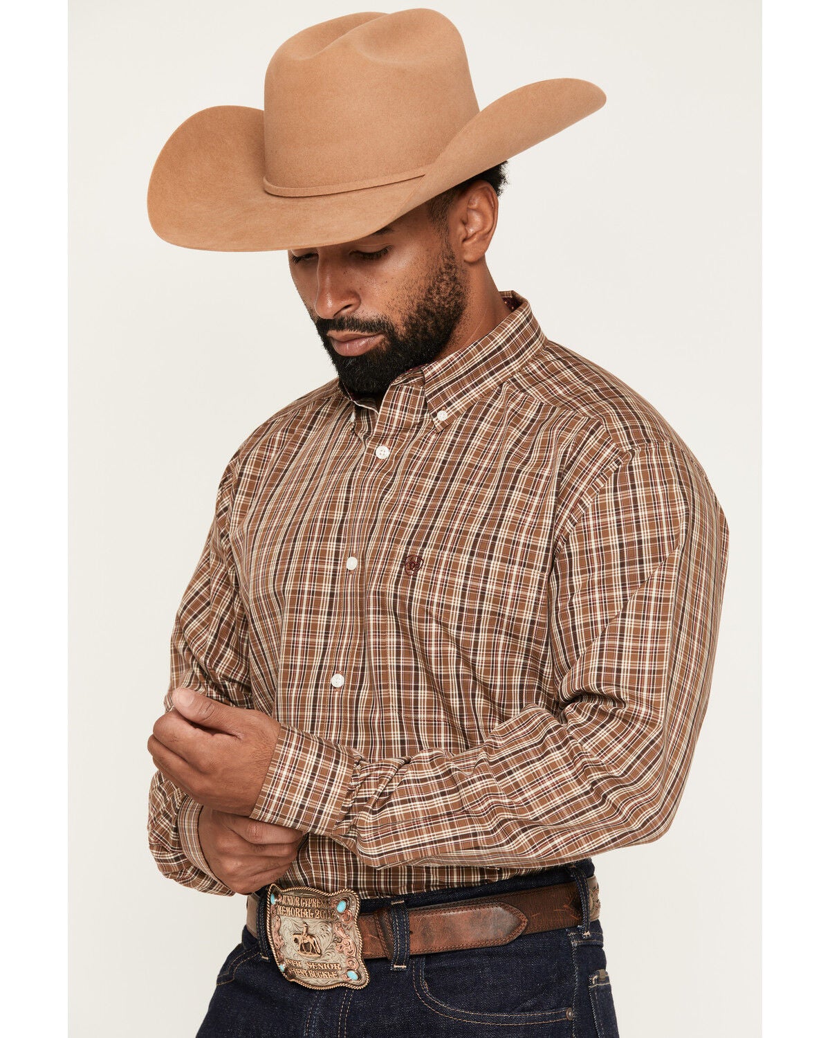 Image #2 - Ariat Men's Rease Plaid Print Long Sleeve Button-Down Western Shirt, Brown, hi-res