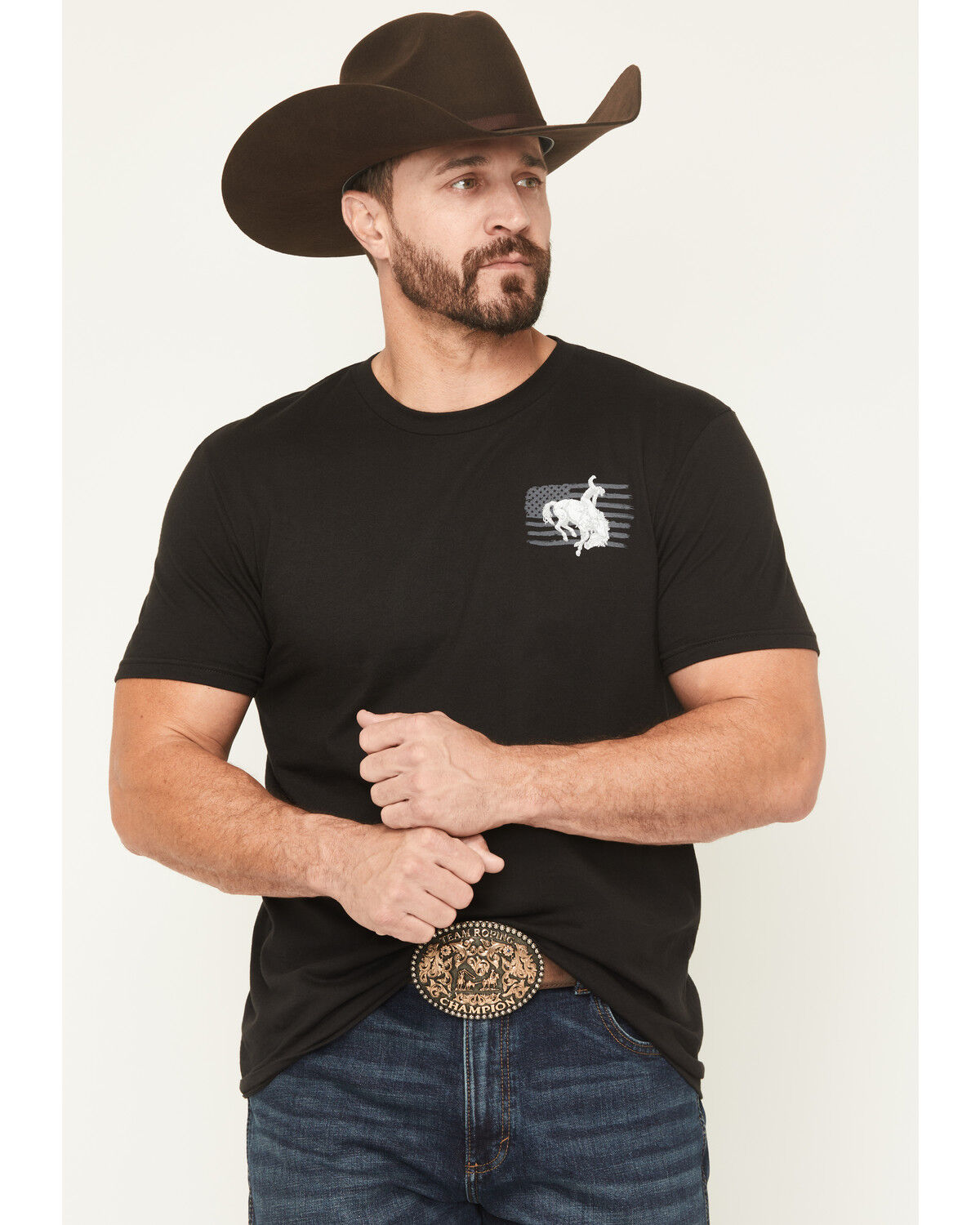 Image #1 - Cowboy Hardware Men's Bronc Patriotic Short Sleeve Graphic T-Shirt, Black, hi-res