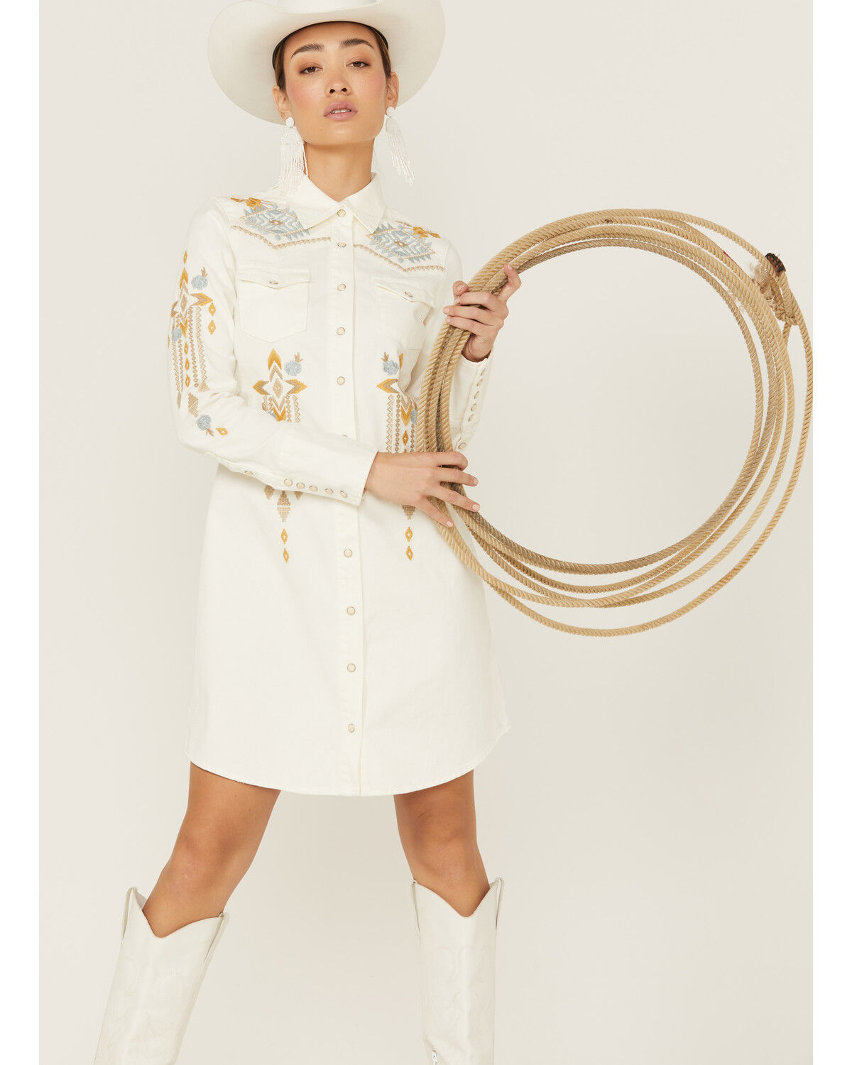 Image #4 - Stetson Women's Embroidered Southwestern Long Sleeve Western Snap Dress, , hi-res
