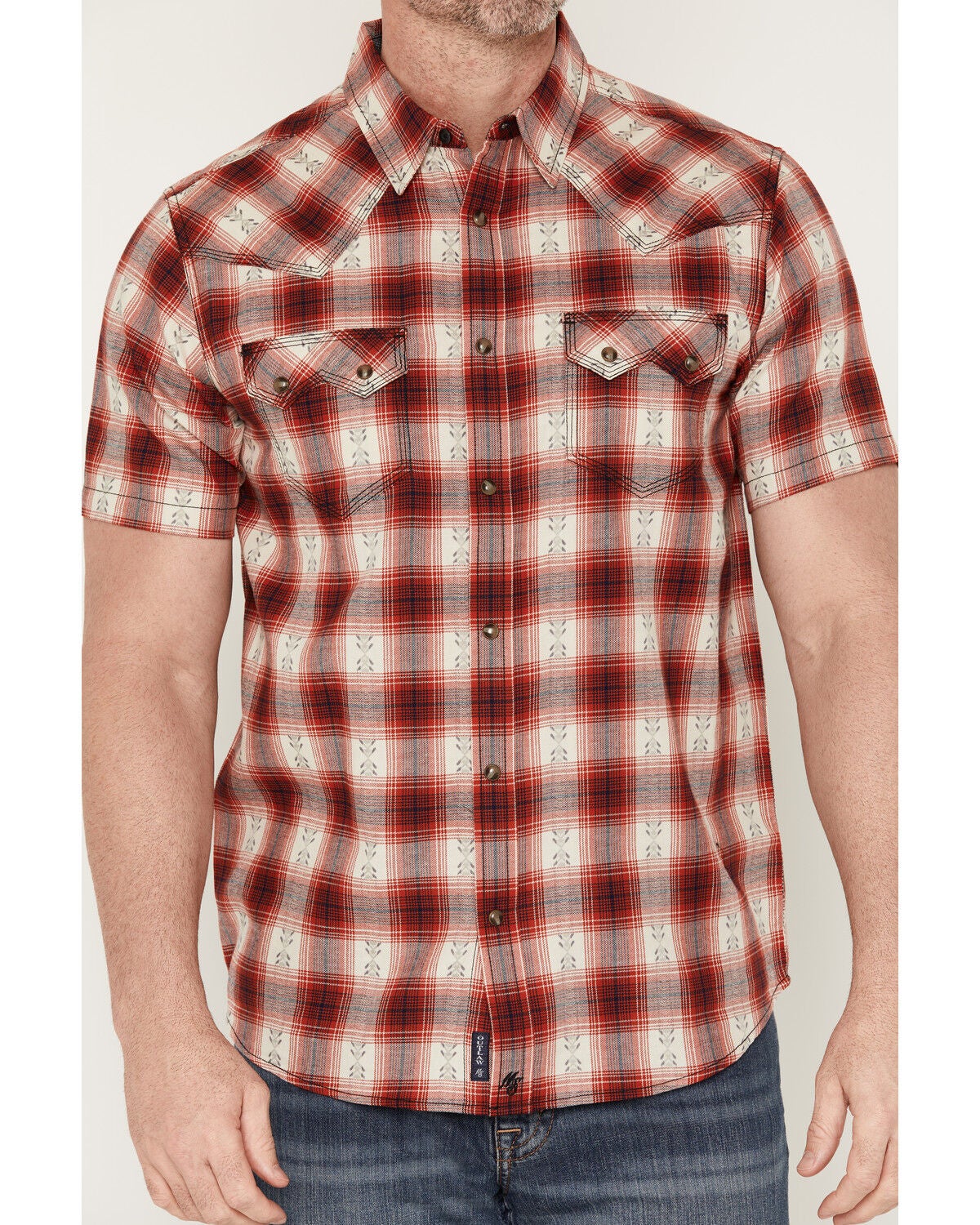 Image #3 - Moonshine Spirit&reg; Men's Deep Red Dobby Plaid Print Short Sleeve Snap Western Shirt, Red, hi-res