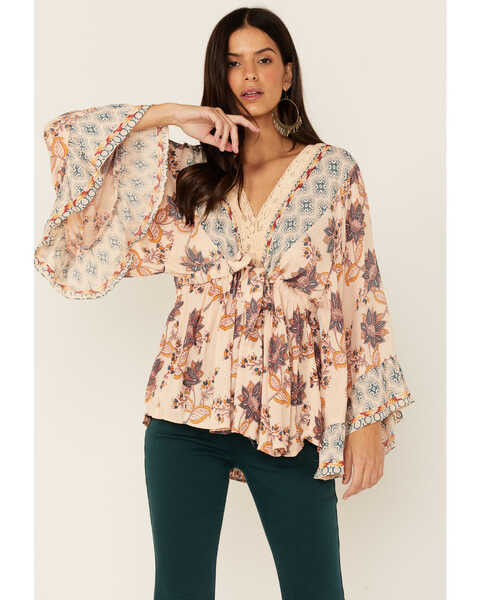 Angie Women's Natural Lace V-Neck Floral Print Long Bell Sleeve Top, Natural, hi-res