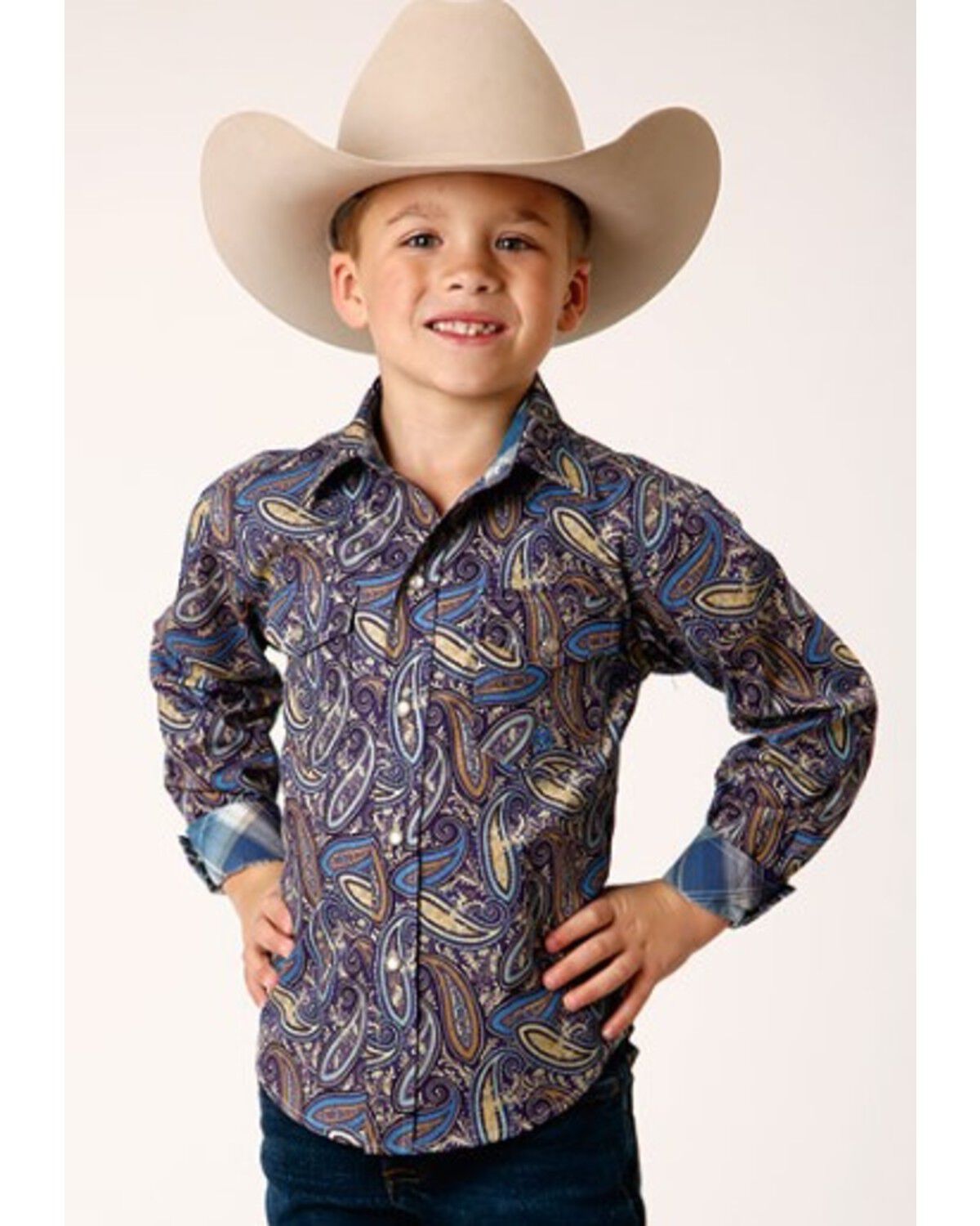 Image #1 - Roper Boys' Amarillo Paisley Print Long Sleeve Pearl Snap Western Shirt, Multi, hi-res
