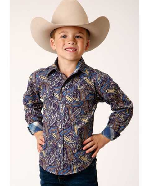 Roper Boys' Amarillo Paisley Print Long Sleeve Pearl Snap Western Shirt , Multi, hi-res