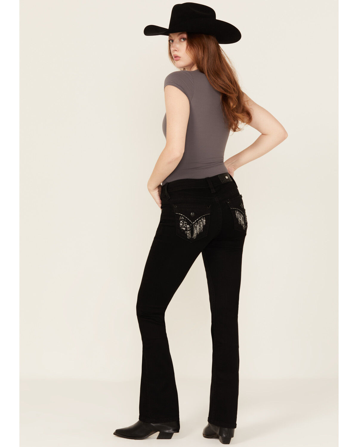 Image #1 - Miss Me Women's Wing Embroidered Mid Rise Bootcut Stretch Denim Jeans, Black, hi-res