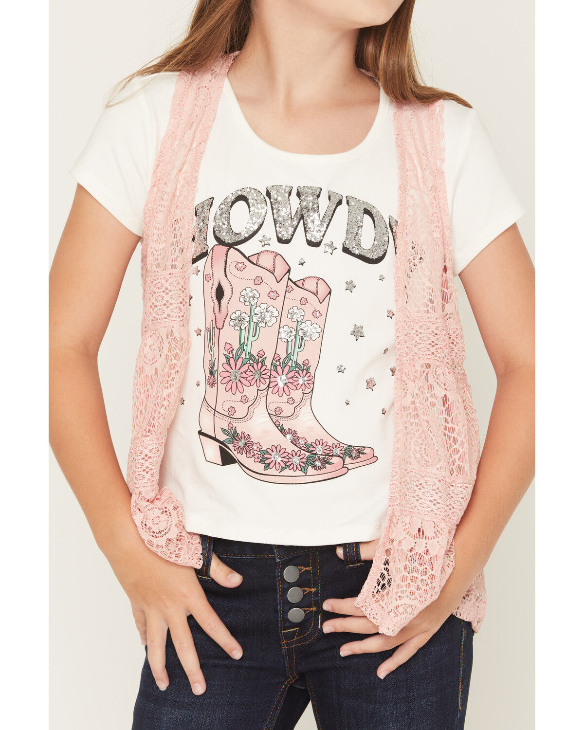 Image #3 - Self Esteem Girls' Howdy Cowboy Boot Embellished Short Sleeve Graphic Tee and Vest, Pink, hi-res