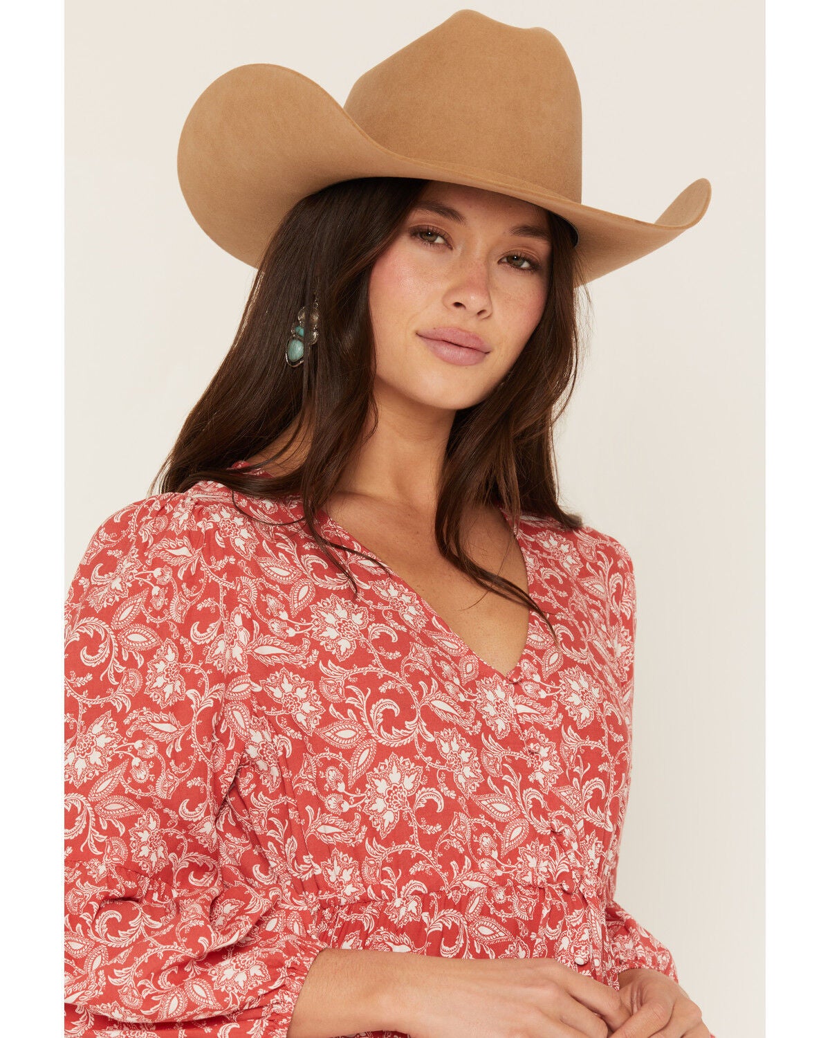 Image #2 - Panhandle Slim Women's Floral Paisley Print Long Sleeve Midi Dress, Red, hi-res