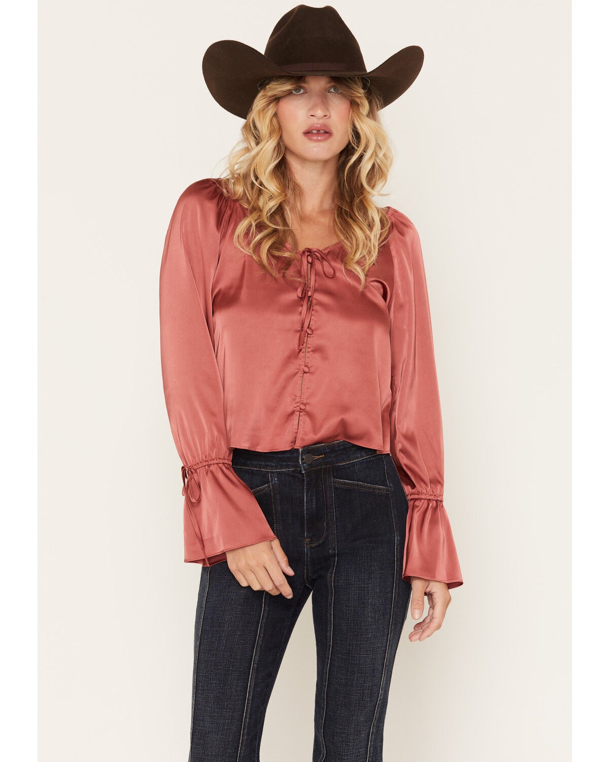 Image #1 - Shyanne Women's Latigo Satin Button-Front Long Sleeve Blouse, Ruby, hi-res