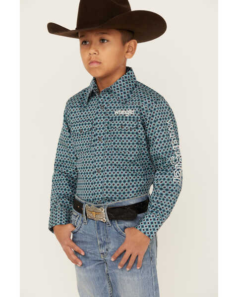 Image #1 - Wrangler 20X Boys' Geo Print Long Sleeve Snap Western Shirt , Navy, hi-res