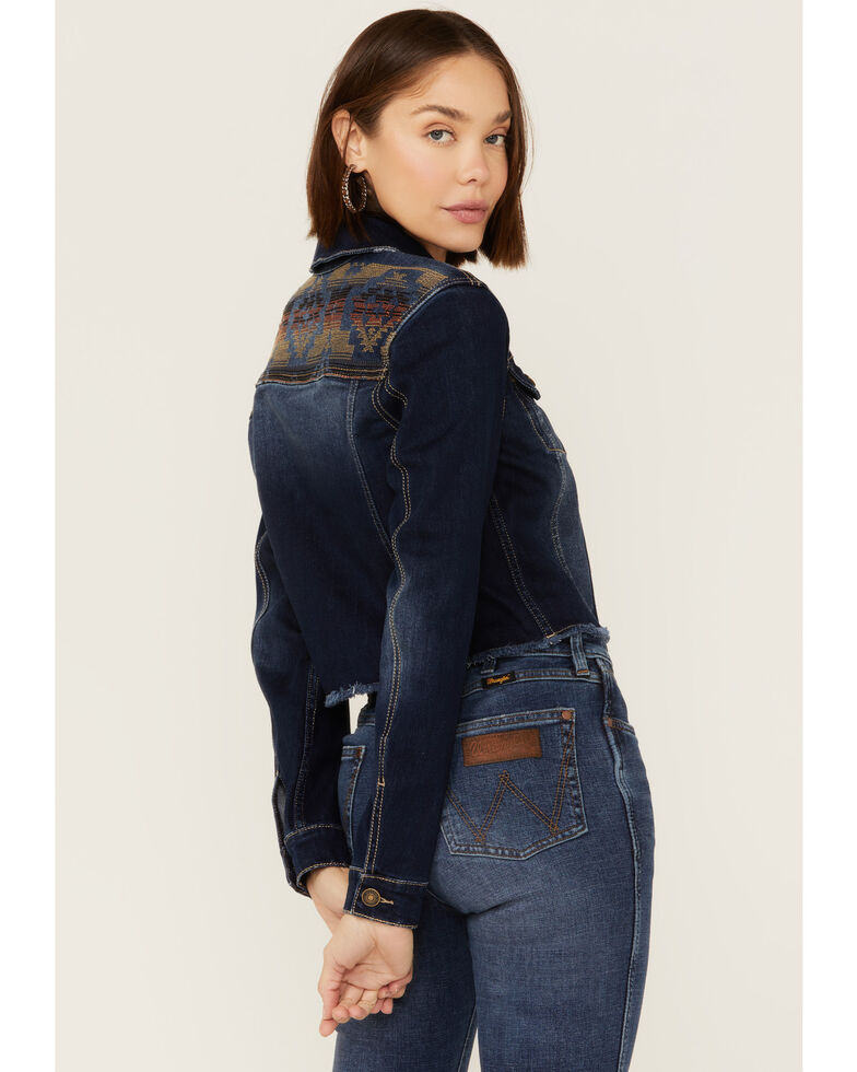 Shyanne Women's Southwestern Embroidered Cropped Denim Jacket, Dark Wash, hi-res